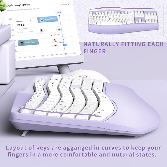 Wireless Keyboard and Mouse Combo,2.4G Ergonomic Wave Keys(Purple) | Full Size Cordless Keyboard with Wrist Rest,3-Level DPI Ergonomic Mouse for Office and Home,Windows/Mac OS/Desktop/Laptop/PC - Image 4