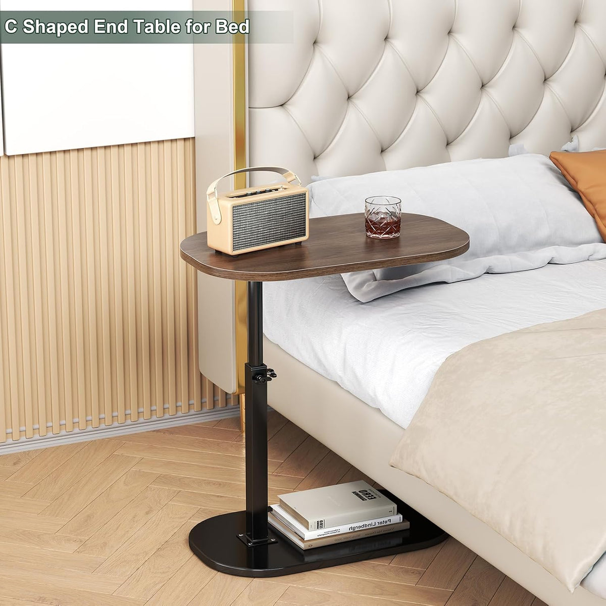 C Shaped Side Table, Adjustable Height C Shaped End Table, 360°Swivel Couch Side Tables that Slide Under, Modern Small Coffee C Table End Table for Sofa/Bed/Bathtub, Rotating Tabletop (Walnut) - Image 6