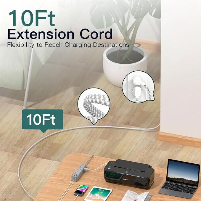 10FT Extension Cord, Power Strip Surge Protector with 12 AC Outlets & 4 USB | Flat Plug, 1050J Overload Protection, Wall Outlet Extender for Home Office Dorm Living Room Bedroom Essentials, ETL Listed - Image 3