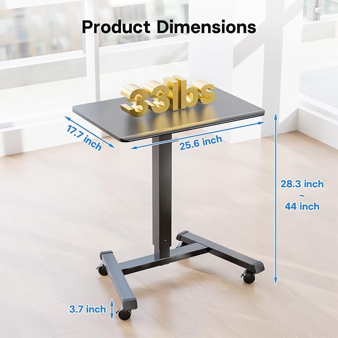 BONTEC Mobile Standing Desk Adjustable Height,Rolling Laptop Cart with Hook | Portable Workstation with Pneumatic Lift, Ergonomic Table with Wheels, Compact Home Office Desk, Black 25.6" x 17.7" - Image 2