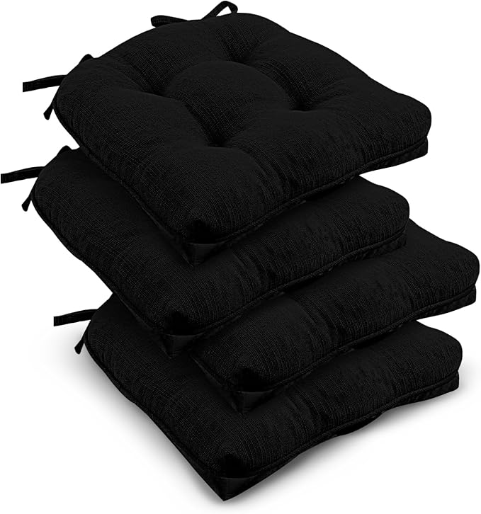 downluxe Indoor Chair Cushions for Dining Chairs, Tufted Overstuffed Textured Kitchen Chair Pads with Ties and Non-Slip Backing, 16.5" x 16.5" x 4", Black, 4 Pack by Downluxe