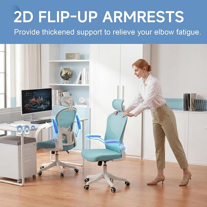 Ergonomic Office Chair with Adjustable Lumbar Support and Headrest, High Back Mesh Desk Chair for Home Office,Flip-Up Arms 90-120° Tilt Lock Rolling Swivel Task Chairs (White-Blue6065) - Image 5