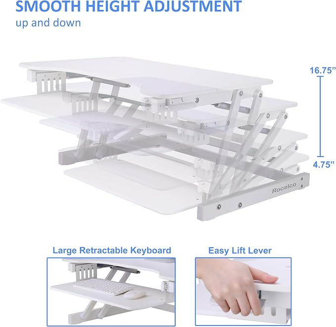 Rocelco 32" Height Adjustable Standing Desk Converter with Anti Fatigue Mat BUNDLE | Sit Stand Up Dual Monitor Riser | Computer Workstation | Large Retractable Keyboard Tray | White (R ADRW-MAFM) - Image 2