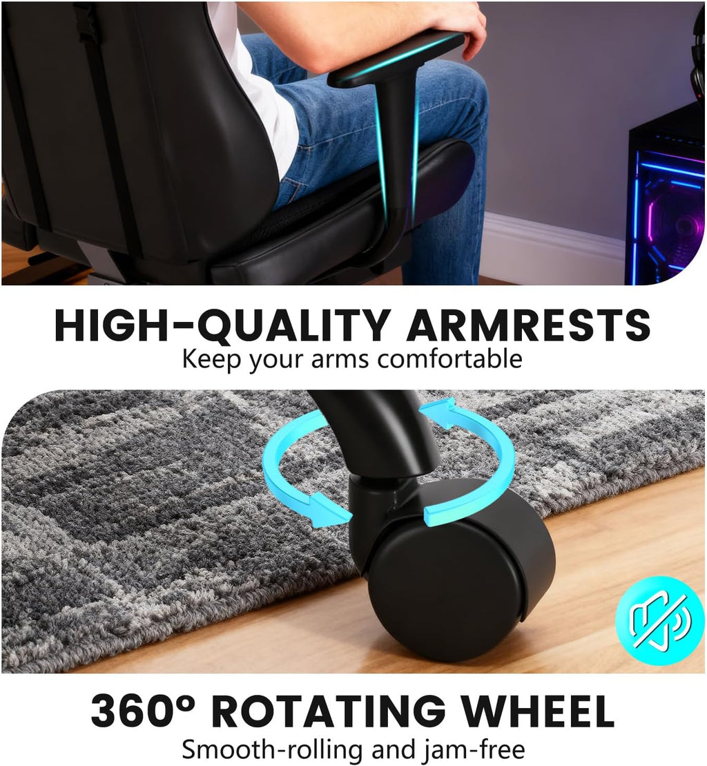 BestOffice | Ergonomic Gaming Chair | Dark Black | Reclining Computer Chair with Lumbar Support, Headrest Pillow, Adjustable Footrests | 360 Swivel with Heavy Duty Wheels | for Home & Office - Image 6