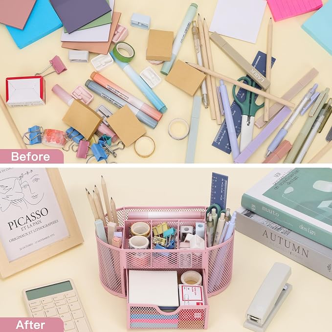 EOOUT Pink Desk Organizer Mesh Pencil Holder 8 Compartments 1 Drawer | Pink Desk Accessories, 8 Compartments, Pull-Out Drawer, for Pens Pencils Scissors Notes, School and Office Supplies - Image 5