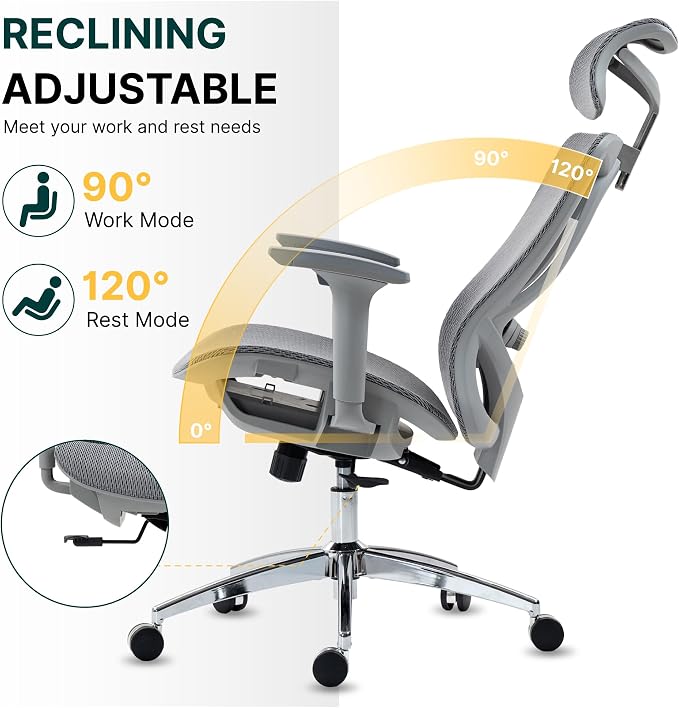 Ergonomic Mesh Office Chair, 3D Adjustable Armrests Desk Chair with 360° Swivel Silent Casters, 90°-120° Reclining Backrest Adjustable Gaming Chair for Home Office - Image 3