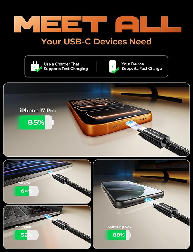 LISEN USB C Cable, 5-Pack [10FT] USBC to USBC Cable for iPhone 17 16e 15 Pro Max Charger Cord, 60W C to C Cable Fast Charging for Galaxy S25/S24/23, Switch 2, iPad, MacBook,Black - Image 5