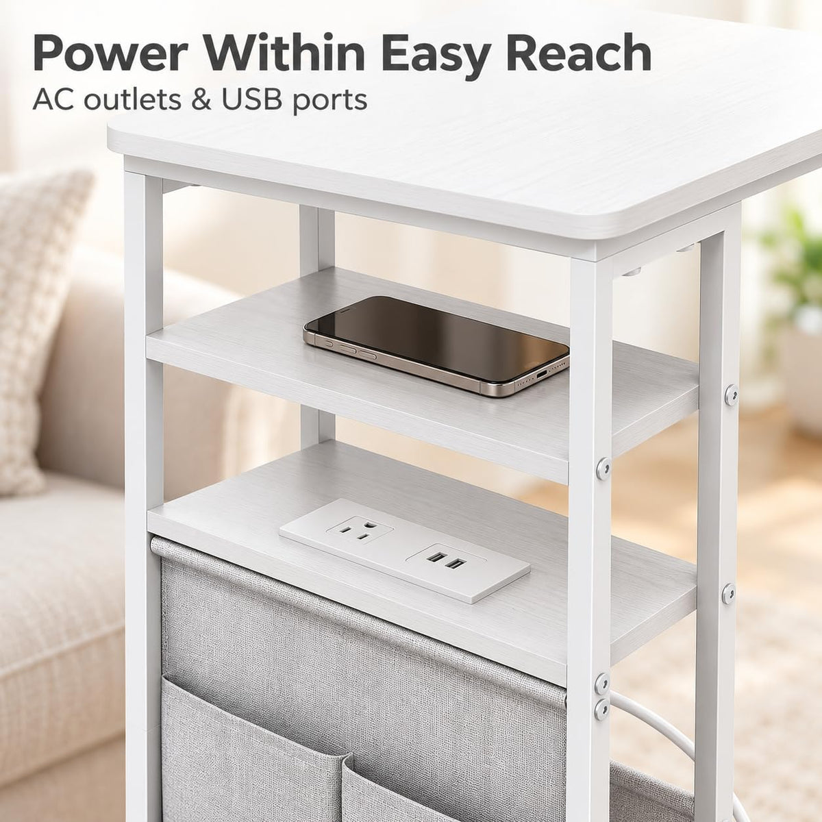 C Shaped End Table with Charging Station, 28"(H) 3-Tier C Table with Storage Bag, Under Couch Table C-Shaped End Table with Storage Shelves and Bag for Living Room, Bedroom, or Office - Image 5