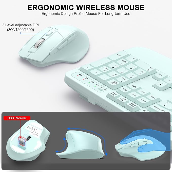 Wireless Keyboard and Mouse Combo, 2.4G Ergonomic Wave Key(Mint Green) | Full Size Wave Keyboard with Wrist Rest, 3-Level DPI Adjustable Ergonomic Mouse for Windows and Mac OS Desktop/Laptop/PC - Image 4