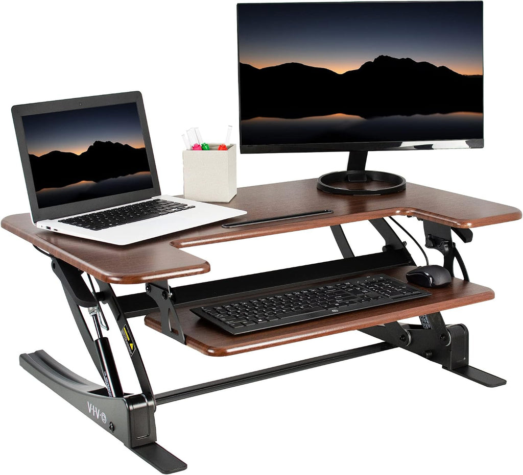 VIVO Dual Tier Standing Desk Converter, 36" Dark Walnut Top by VIVO