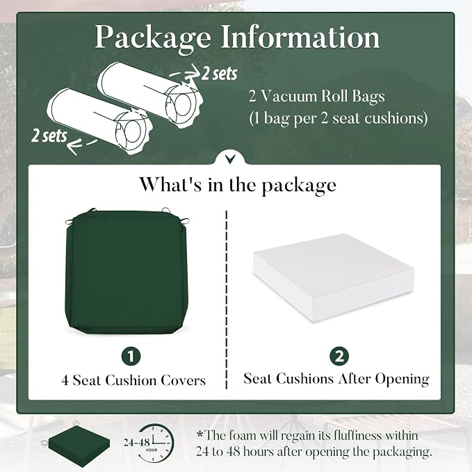 Basic Beyond Outdoor Chair Cushions for Patio Furniture, Waterproof Outdoor Seat Cushions Set of 4 19 x 19, Patio Chair Cushions Set of 4 with Ties and Handle, Forest Green - Image 7