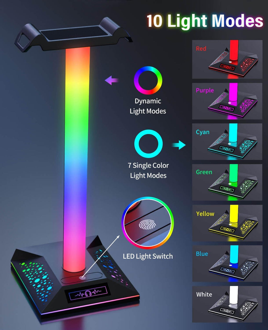 RGB Gaming Headset Stand, LED Headset Holder with 3 Charging Ports (2 USB & 1 Type-C) & 10 Lighting Modes, Headphone Stand Cool Stuff for Boys, Desk PC Gaming Accessories Gifts for Gamers Men Adult - Image 2