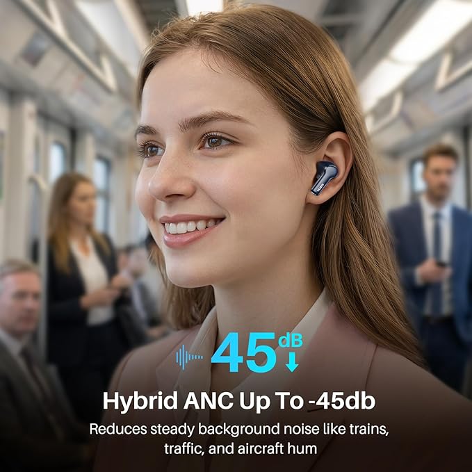 TOZO Hybrid Active Noise Cancelling in Ear Wireless Earbuds, 68H Playtime | 6 Mics AI Clear Calls, LED Display, 32 Preset EQs App, Bluetooth 5.3 Headphones, IPX8 Waterproof, Comfort Fit Ear Buds Blue - Image 3