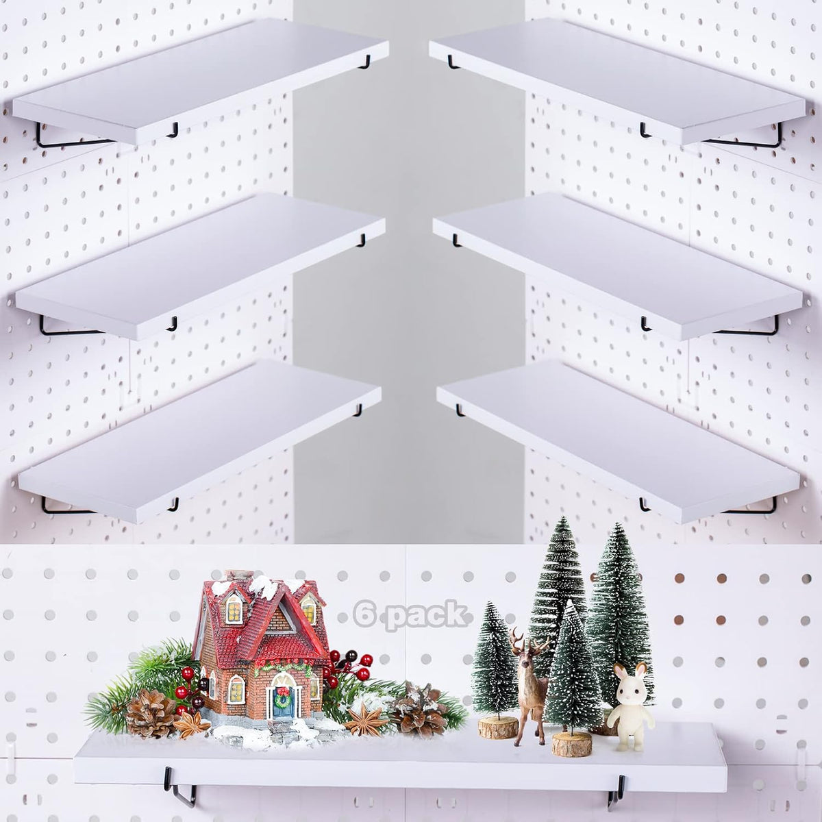 Pegboard Shelf Set - 6 Heavy Duty Peg Board Shelves & Steel Brackets, Organizer for Storage, Garage, Workbench, Craft, Office by YUSFKJ