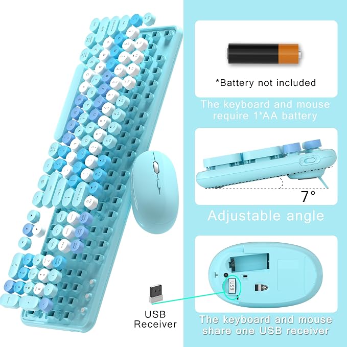 MPTOG Colorful Wireless Computer Keyboard and Mouse Combo (Blue-Colorful) | Retro Round Typewriter Keycaps, Power Switch, Ergonomic Design, 2.4GHz Wireless for Windows, Mac, PC - Image 5