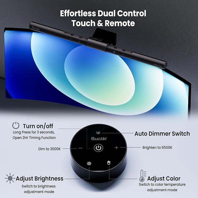 Quntis Computer Monitor Lamp, Screen Monitor Light Bar for Eye Caring, USB Reading LED Task Lamp with Auto-Dimming, Dimmable Light Bar, Touch Control, No Glare Space Saving Home Office Desk Lamps - Image 3