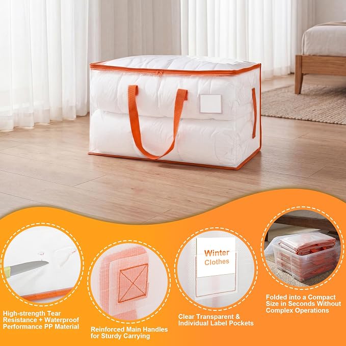 KYODOLED 2-Pack Clear Moving Bags Heavy Duty Extra Large, Storage Totes | Transparent, Reinforced Handles & Strong Zippers, Label Pocket, for College Dorm, Clothes, Bedding, Toys, Space-Saving - Image 8