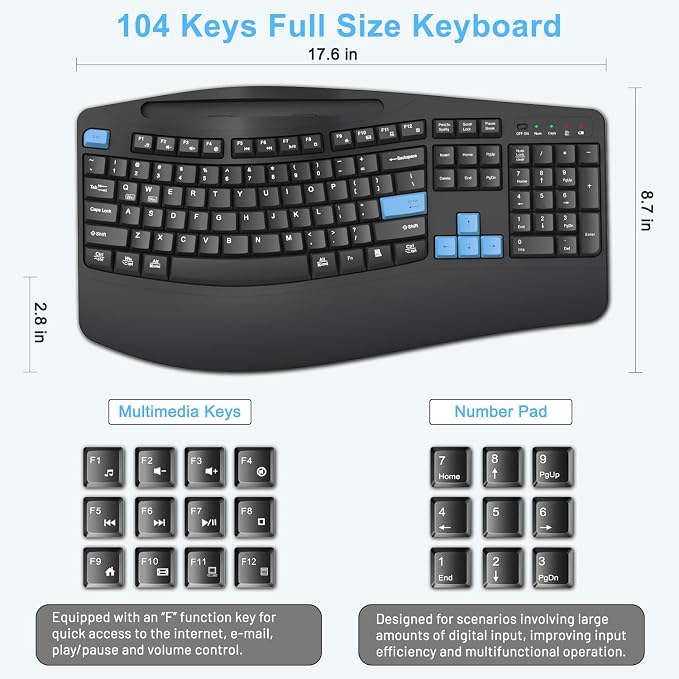 Wireless Keyboard and Mouse Combo, Full Size Ergonomic Wave Keys(Blue) | 2.4G Ergonomic Keyboard with Wrist Rest, Phone Holder, 3-Level DPI Silent Mouse with 6-Buttons, for Windows/Mac OS/Laptop/PC - Image 7