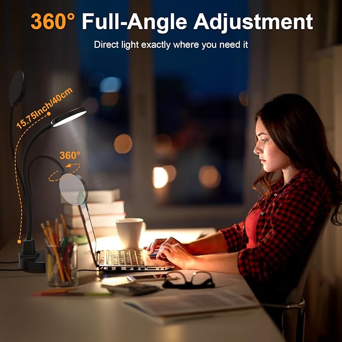 15W LED Desk Lamp with USB Charging Ports – Dimmable Table Lamp with 3 Color Temps, 5 Brightness, 4 Timers, Flexible Gooseneck Light with Base, Eye-Caring Reading Light for Home Office, Bedroom, Study - Image 6