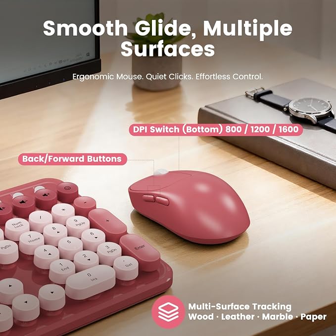 Wireless Keyboard and Mouse Combo, Retro Round Keycaps, Full-Size Stylish Typewriter Keyboard with Large Phone/Tablet Holder, 3-Level DPI Ergonomic Mouse, 2.4GHz Cordless for Windows PC, Rose Pink | Full-Size Retro Typewriter-Style Keyboard, Tilt Legs,... - Image 6
