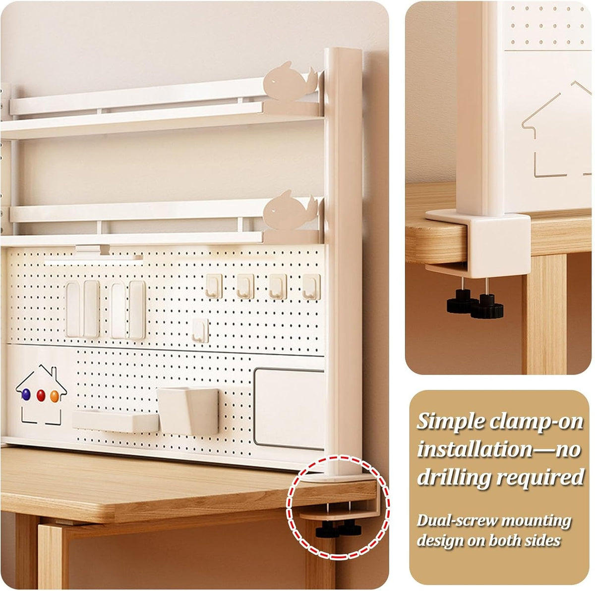 Metal Desktop Bookshelf with Pegboard, Clamp on Desk Organizer Shelf, Multi-Tier Desktop Hutch for Dorm Room, Countertop Storage Display Rack, Desktop Bookcase for Study Offices - Image 5