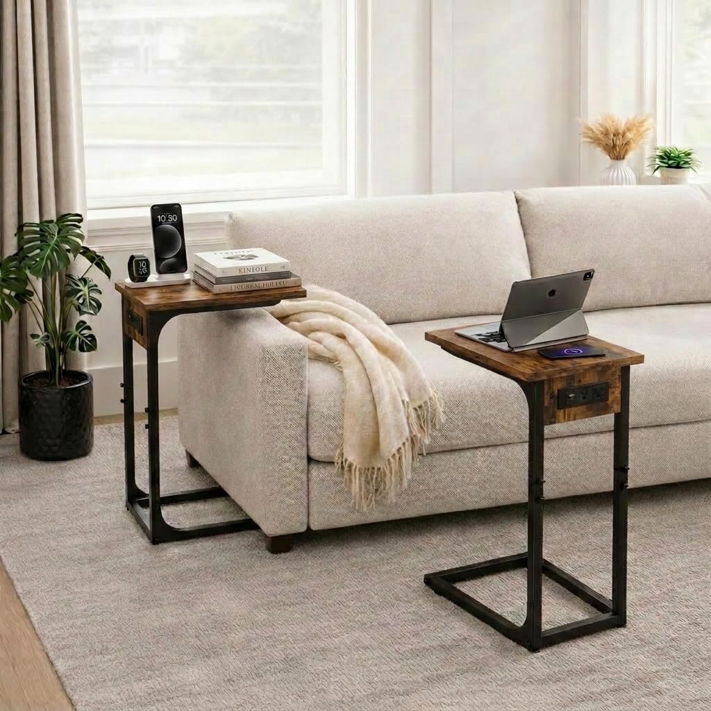 TEMI C Shaped End Table for Couch with Charging Station, Small Side Table TV Tray for Eating or Laptop, Accent Desk for Sofa or Chair, Space Saving Living Room Bedroom, Rustic Brown - Image 4