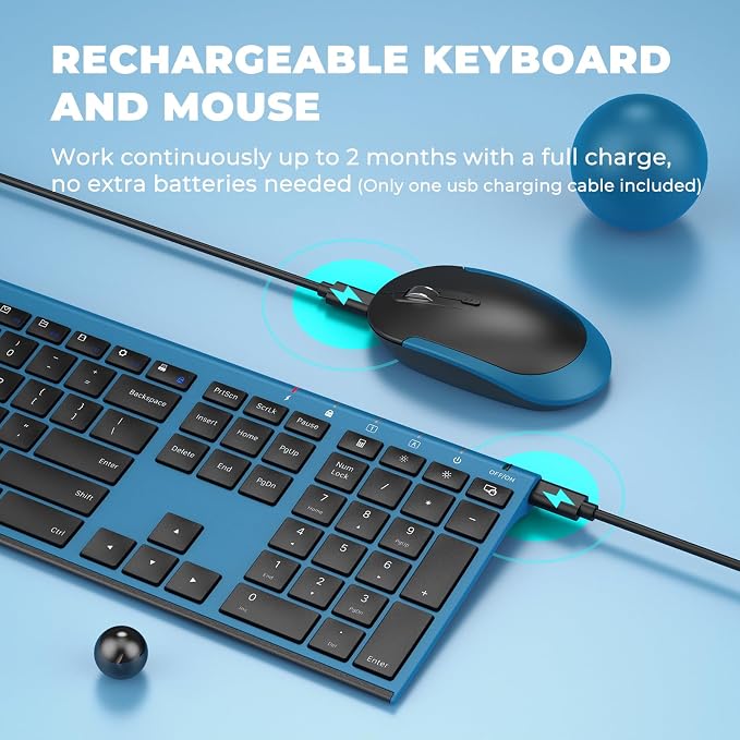 Vssoplor Wireless Keyboard and Mouse, Rechargeable Ultra Slim, Black Blue | Quiet Full-Size Keyboard and Mouse Combo Set, for Laptop, PC, Notebook, Desktop, 2.4GHz Stable Connection, Ideal for Office - Image 4