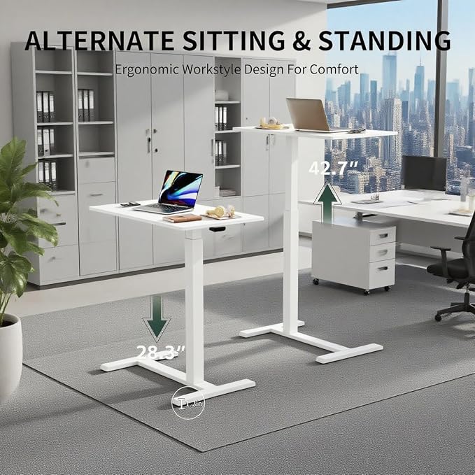 Mobile Small Standing Desk with Hidden Wheels, Pneumatic Laptop Desk, Rolling Computer Cart Movable, Portable Rolling Computer Sit Stand Side Table for Couch, Home, Office, White - Image 3