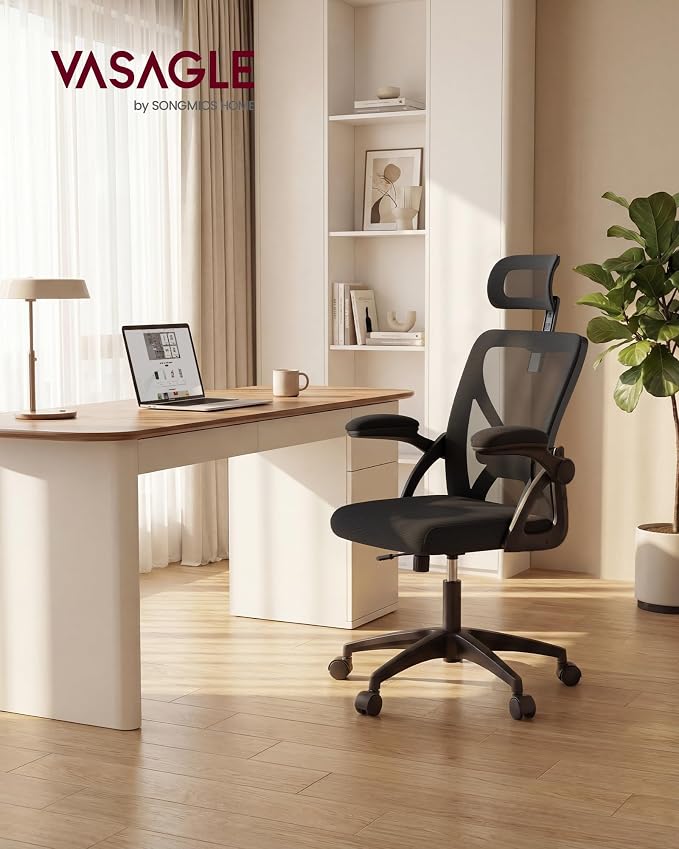 VASAGLE Office Chair, Adjustable Mesh with Lumbar Support and Headrest | Ergonomic desk chair, 90-105° tilt function, wide seat, flip-up armrests, home office, Ink Black UOBN044BH01S - Image 3