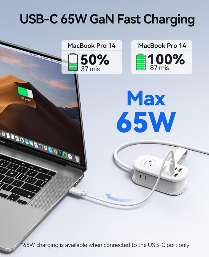 ORICO 65W GaN Travel Power Strip with Flat Plug and 4FT Extension Cord | 7-in-1 Charging Ports (3 AC Outlets/2 USB-A/2 USB-C), Fast Charger for MacBook Pro/Air, iPad Pro, iPhone 17/16/15- AP3 - Image 3