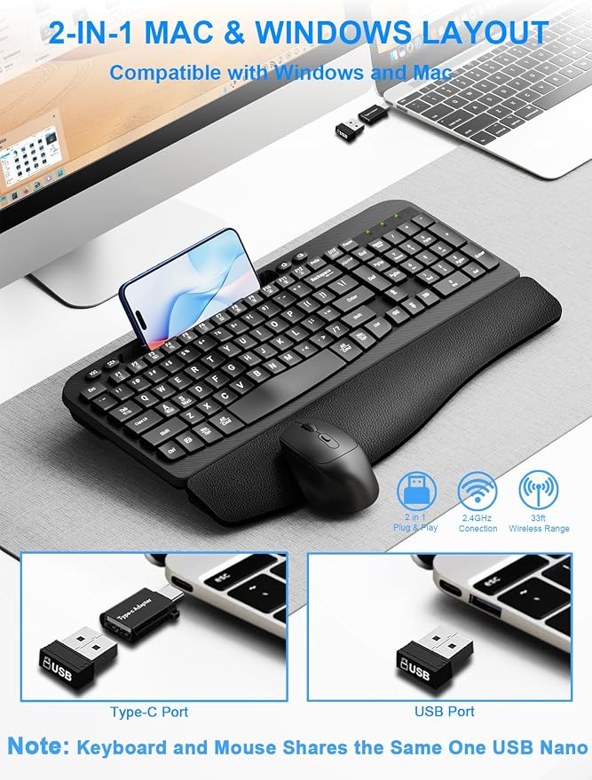 Hayyiesh Ergonomic Wave Keys Wireless Keyboard and Mouse Combo, Full Size with Memory Foam Wrist Rest & Phone Holder, 2.4G Cordless Set with USB-C Adapter for Windows Mac Desktop Laptop (Black) - Image 5