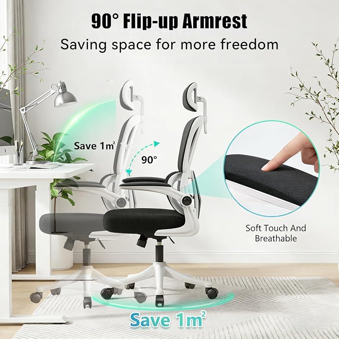 Ergonomic Office Chair with Dynamic Lumbar Support & Adjustable Headrest – High Back Desk Chair with 90° Flip-up Arms, Comfort Mesh Computer Chair for Home Office Long Hours Sitting,Black - Image 3