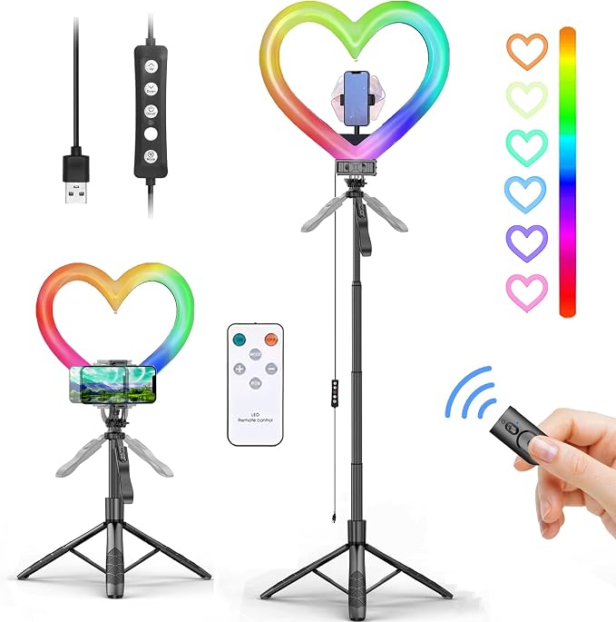 Heart Ring Light, 13" Desk Ring Light with Extendable Selfie Stick Stand for Laptop Video Conference Lighting with Phone Holder Height Adjustable 47 Color Modes for Live Stream/Makeup Compatible - Image 7