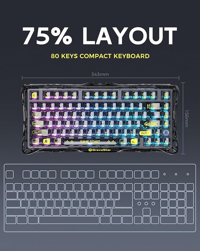 GravaStar Mercury K1 Lite 75% Wireless Mechanical Gaming Keyboard RGB | Gasket Mount, Hot Swappable Linear Switches, Creamy Sound Keyboard, 2.4GHz/USB-C/Bluetooth 5.0, for Win/Mac - Image 2