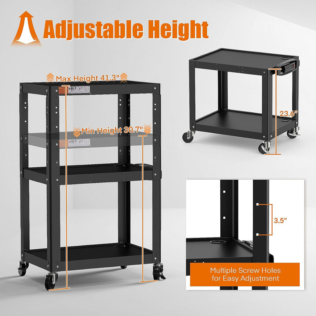 3 Shelf Metal Utility Cart - Durable Computer Cart on Wheels with Power Strip,Height Adjustable AV Presentation Cart Stand for Movie Projector,TV and Laptop Computers,Easy to Assemble, Black - Image 4