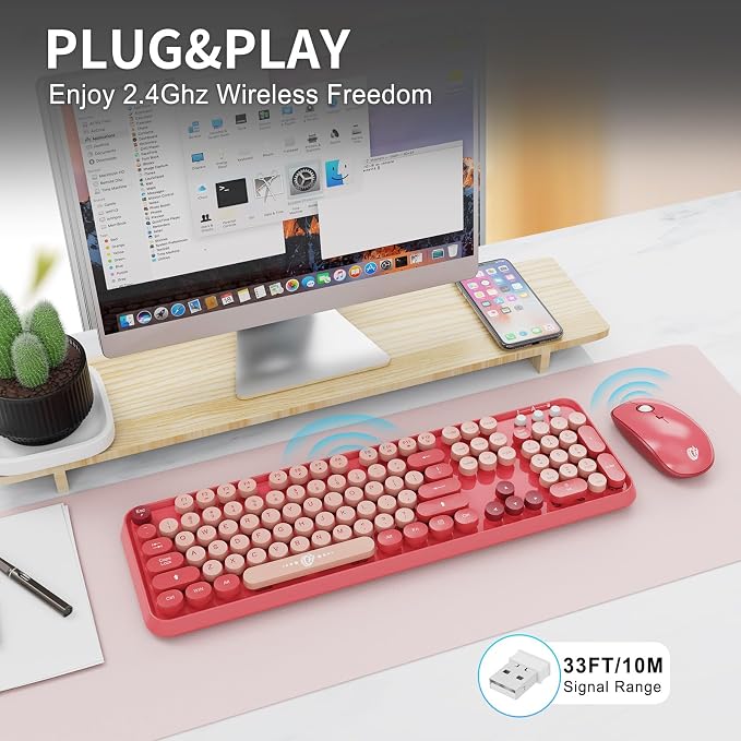 Wireless Keyboard and Mouse Combo | Cute Colorful Keyboard and Mouse with 2.4GHz Cordless Retro Typewriter Keyboard | Auto-Sleep | USB Receiver for Windows PC/Laptop - Pink Colorful - Image 2