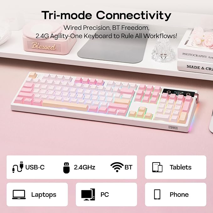 EPOMAKER TH108 PRO Full Size Mechanical Keyboard with Screen & Knob | Wireless Gaming Keyboard with 10000mAh, Creamy Gasket, Hot Swap, Custom Driver, RGB Backlight, NKRO (Pink, Sea Salt Silent) - Image 5