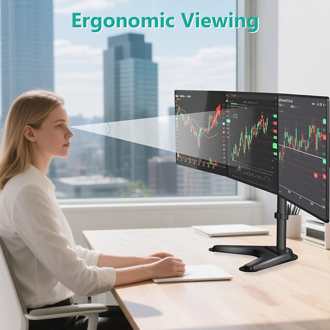 WALI Freestanding Triple Monitor Stand for 13-27 inch Screens，22lbs per Arm | Articulating 3 Monitor Desk Mount, Full Motion with Tilt, Swivel, Rotation, C-Clamp & Grommet Base, VESA 75/100mm (MF003N) - Image 4