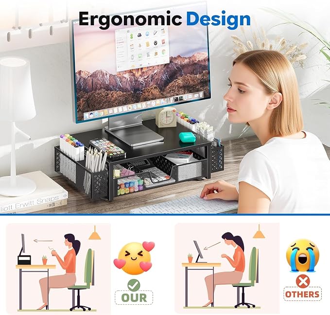 Simple Trending Desk Organizer, Computer Monitor Stand Riser, Black | Metal Laptop & Printer Stand, Desktop Organizer with Drawer & 2 Pen Holders, Anti-Slip Pads, 18.5"W x 9.5"D x 4.75"H - Image 4