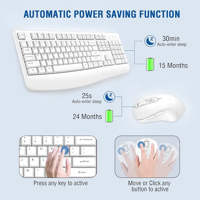 Wireless Keyboard and Mouse Combo, EDJO Full-Sized Ergonomic Computer Keyboard with Wrist Rest and 3 Level DPI Adjustable Wireless Mouse for Windows, Mac OS Desktop/Laptop/PC (White) - Image 6