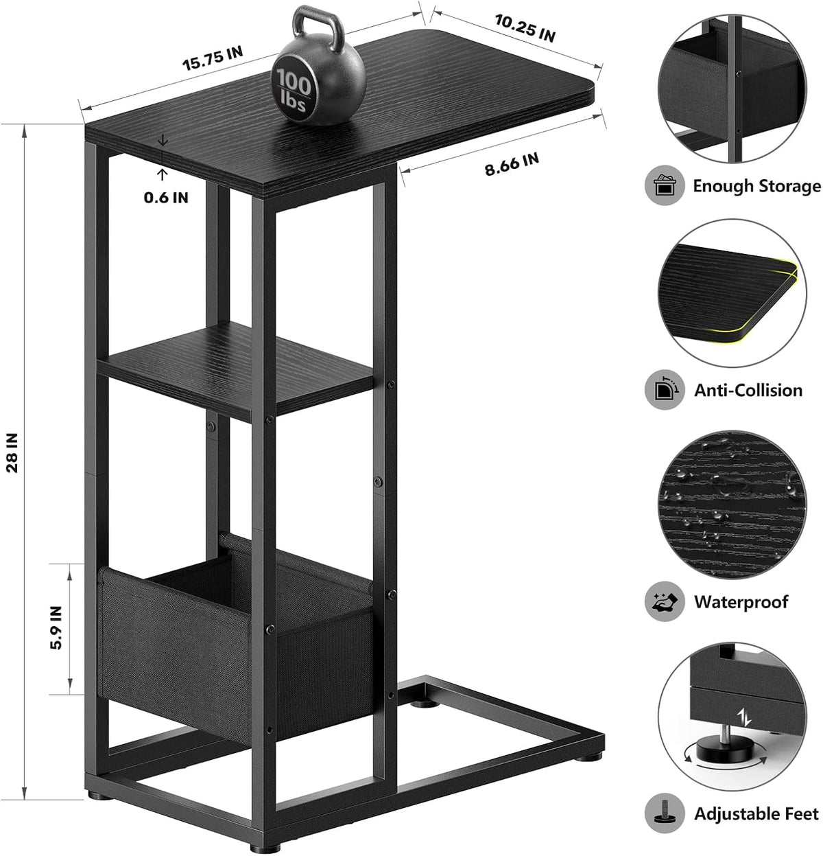 C Shaped End Table, Small Side Table for Couch, Recliner, Slide Under Sofa Tray Desk Snack Tables with Storage Bag for Living Room,Bedroom, Small Spaces - Black - Image 3