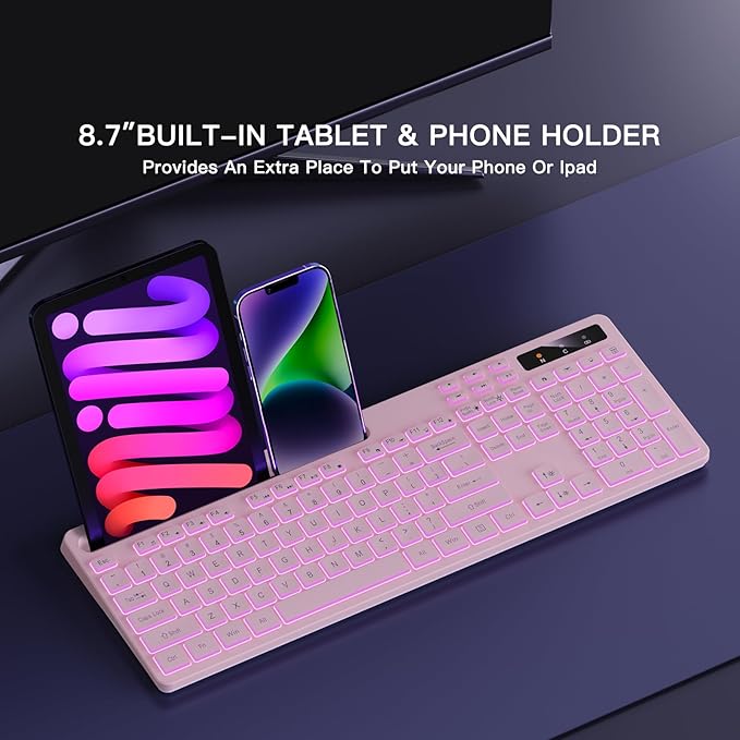 Soueto Wireless Keyboard with 7-Color RGB Backlit, Full-Size Computer Keyboard with Phone Tablet Holder, 2.4G Rechargeable Gaming Keyboard with Light Up Keys, Compatible with Mac, Windows (Pink) - Image 4