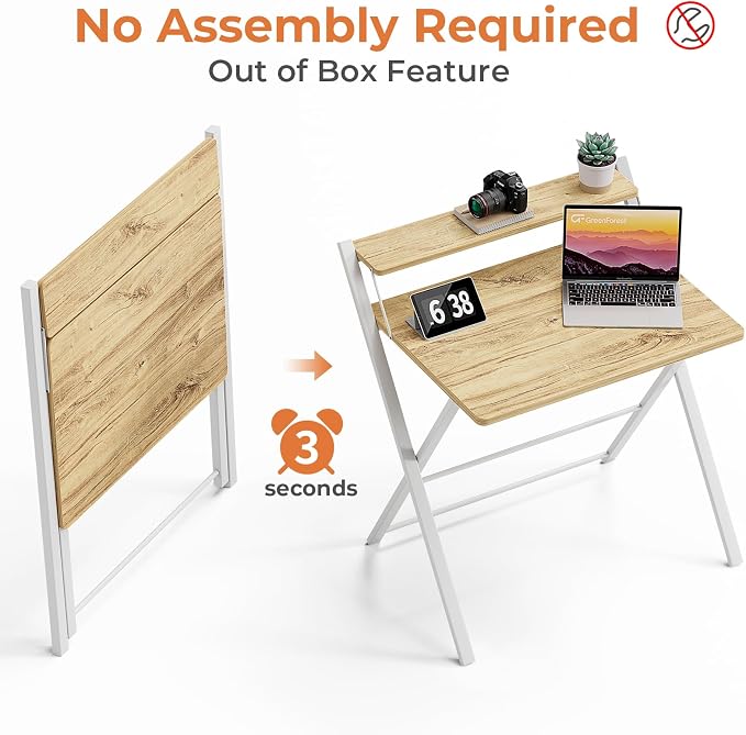 GreenForest Folding Desk No Assembly, Sturdy Computer Desk for Small Spaces | Portable Foldable Table for Laptop, 2-Tier Compact with Shelf, Space Saving for Home Office, Dorm, Apartment, 27.3"x 22" Oak - Image 4