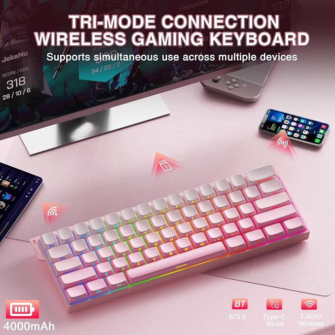 Aula MINI60 HE PRO Wireless Gaming Keyboard 60%,Hall Effect Rapid Trigger Magnetic Keyboard,8000Hz Polling,Tri-Mode(BT5.0/2.4GHz/USB-C),RGB Hot Swappable Compact Pink Mechanical Keyboard for Gamer - Image 3