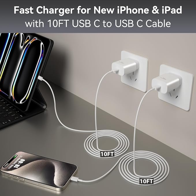 Phone 17 16 15 Pro Max Charger Fast Charging PD 30W, 10 FT iPhone 17 Charging Cable(65W/3A) Long USB C Cord with iPhone 17 Pro Max Chargers Block for iPhone 17/17 Pro Max/17 Air/16/15 Series, iPad - Image 8