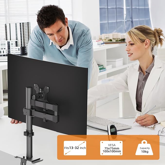 Monitor Mount Single Fully Adjustable Arm Fits One Screen 13-32 inch 22lbs for Monitor Computer Screen 13 15 17 19 20 22 23 24 26 27 30 32 inch VESA 75 100 (MD7421) - Image 2