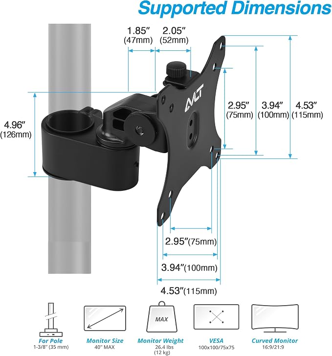 AVLT Single 40 Inch Monitor Head Add-On Kit for Pole Top Mount – Black | Fits Ultrawide Screen, Supports 26.4 lbs (12kg), For 1.38" (35mm), VESA Compatible, Workspace Upgrade Extension Arm - Image 2