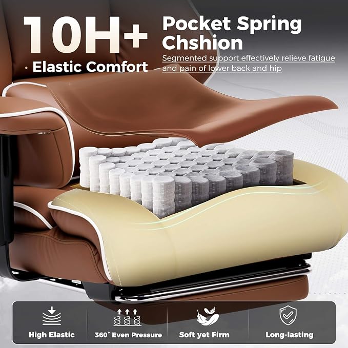 GTPLAYER Big and Tall Gaming Chair 400lbs Heavy Duty Office Chair with Foot Rest & Ergonomic Pocket Spring Cushion, High Back Lumbar Support for Lower Back Pain Relief, Coffee Brown - Image 4