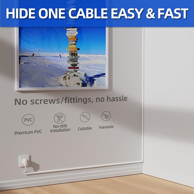 Delamu 128in Cord Hider for 1 Cord, Self-Adhesive Cord Covers for Wires on Wall, Easier Install Wire Covers for Cords on Wall, Cable Wire Hider, Cable Cover Management Raceway, W0.48 H0.3in, White - Image 3