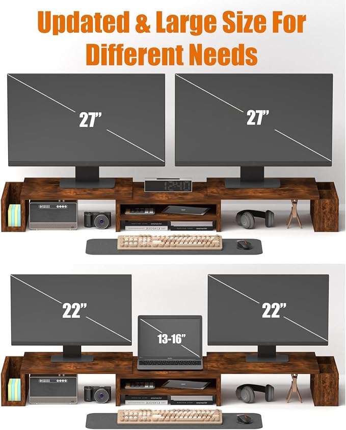 Wood Dual Monitor Stand Riser, Desk Organizers and Accessories with Storage Pen Holders, Adjustable Length and Angle 3 Shelf Extra Long 46" Desktop Organizer for 2 Monitors, Computer, Laptop, TV,Rustic Brown (Triple) - Image 5